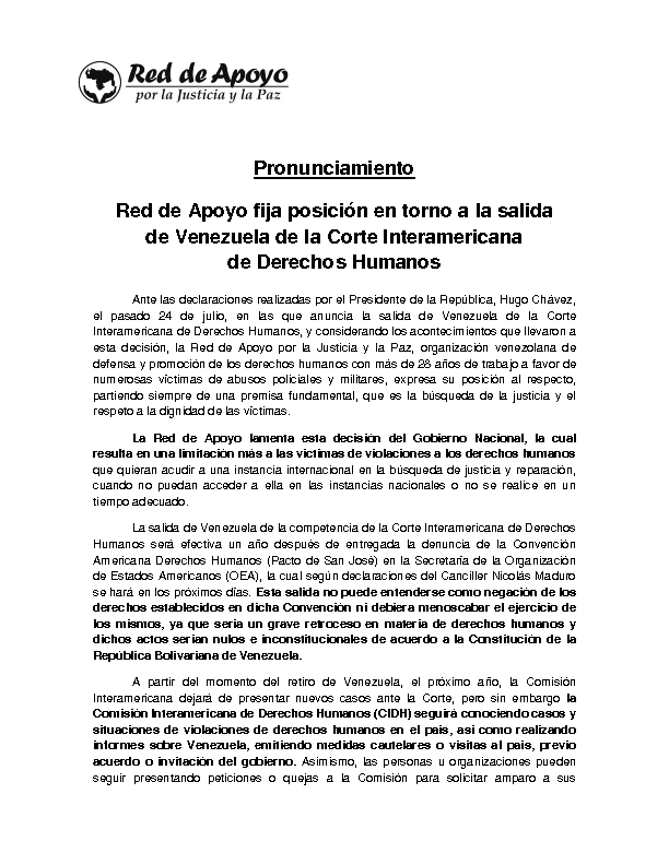 RED DE APOYO POR LA JUSTICIA Y LA PAZ (2012) Pronunciamiento retiro Corte IDH